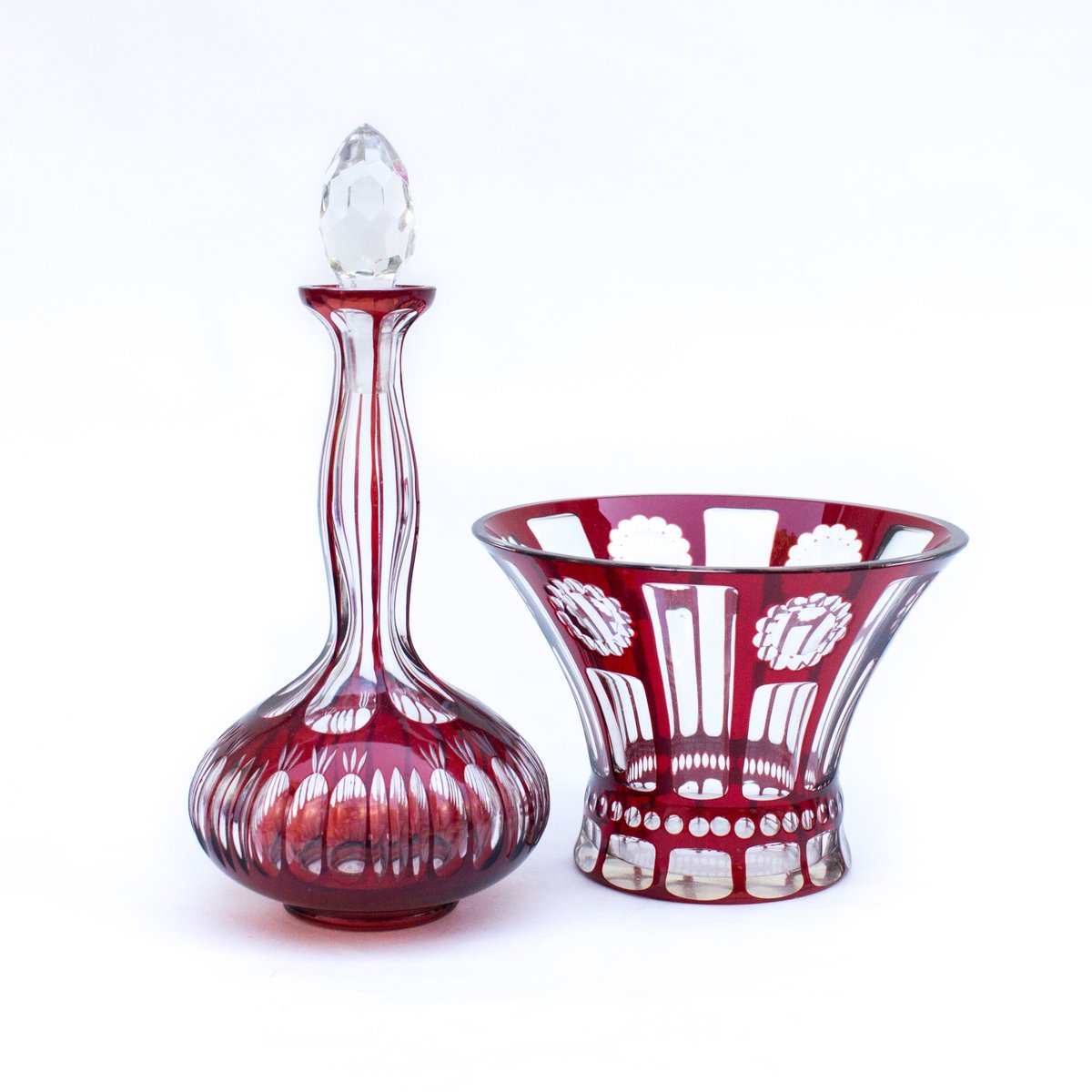 Ruby Carafe and Vase in Laminated Glass, Turn of the 20th Century, Set of 2