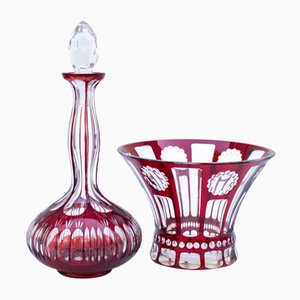 Ruby Carafe and Vase in Laminated Glass, Turn of the 20th Century, Set of 2-FSD-1098358