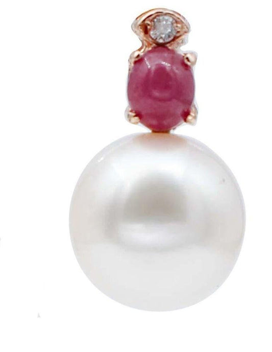 Ruby, Diamond, Baroque Pearl & 14 Karat Rose Gold Stud Earrings, Set of 2