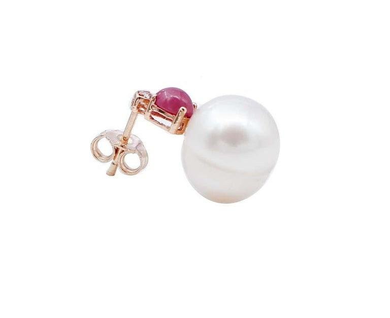 Ruby, Diamond, Baroque Pearl & 14 Karat Rose Gold Stud Earrings, Set of 2