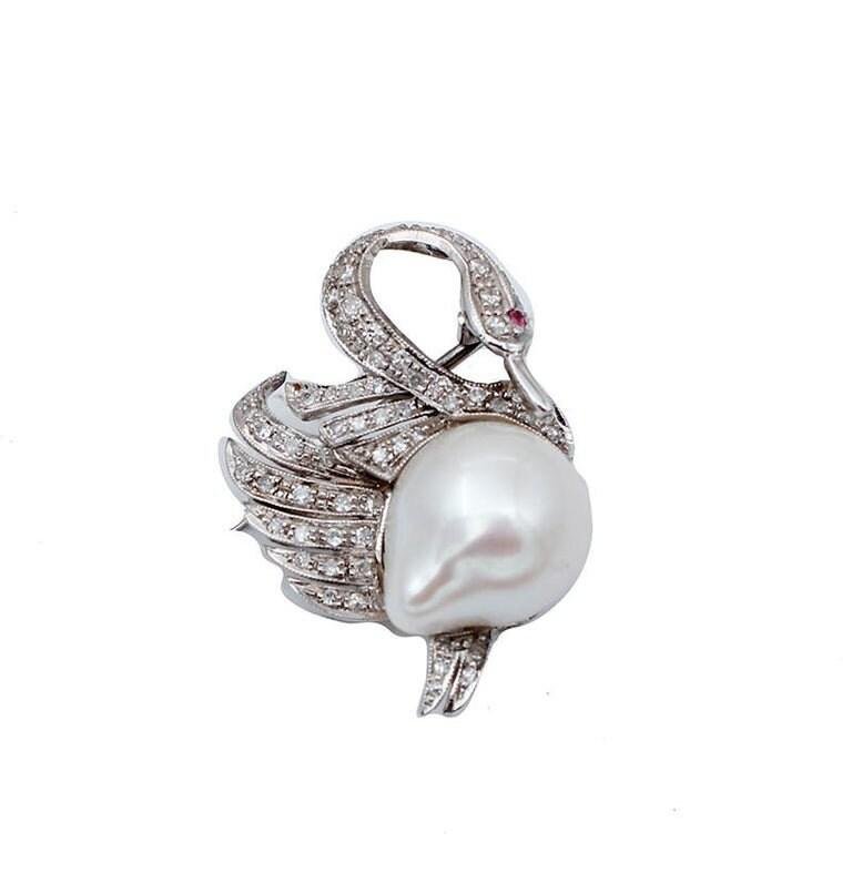 Ruby, Diamond & Pearl 14kt White Gold Swan Shaped Brooch or Pendant Necklace