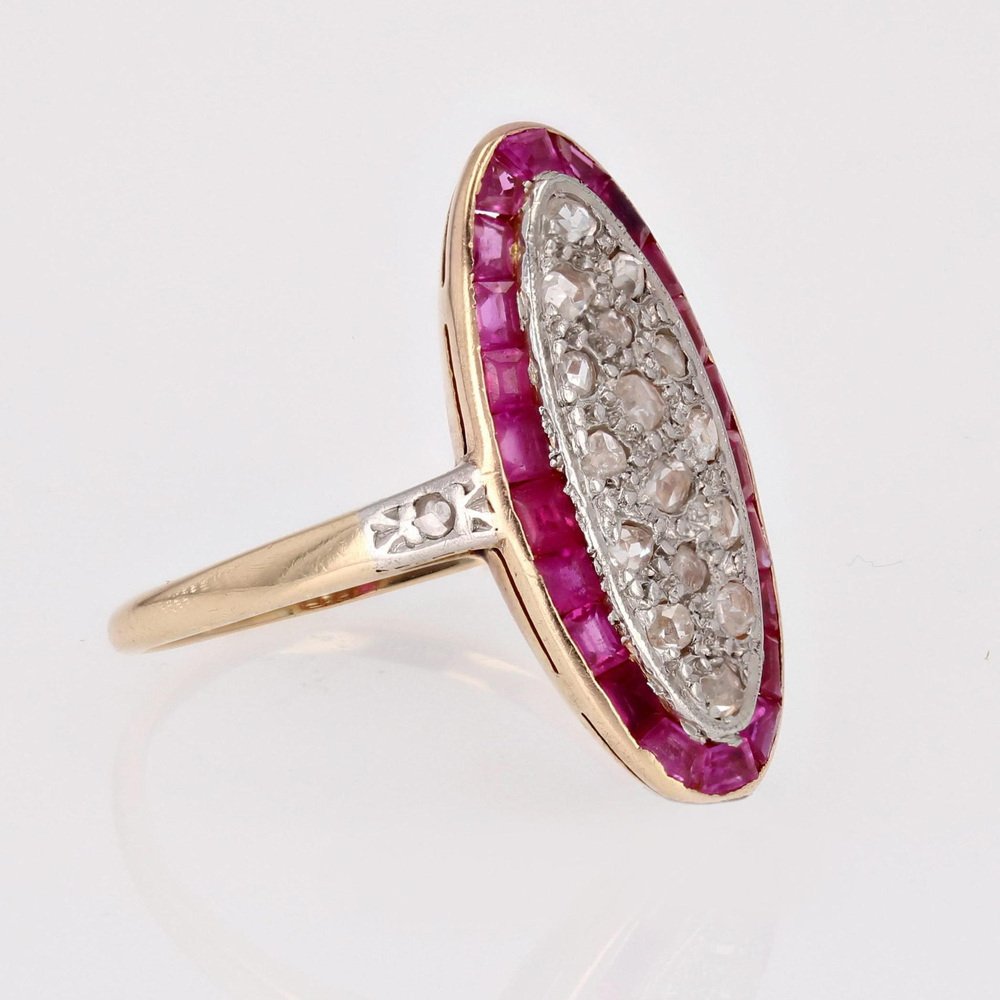 Ruby Diamonds 18 Karat Yellow Gold Platinum Shuttle Shape Ring, 1920s