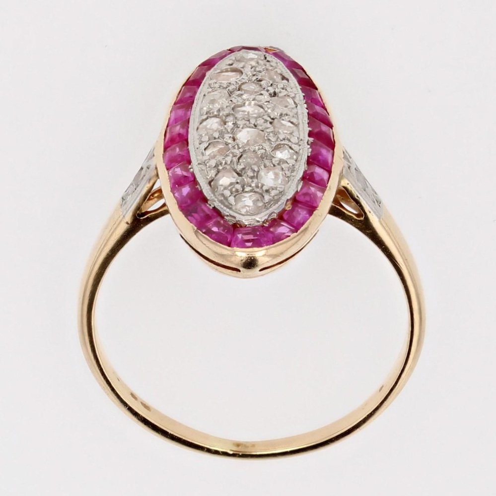 Ruby Diamonds 18 Karat Yellow Gold Platinum Shuttle Shape Ring, 1920s