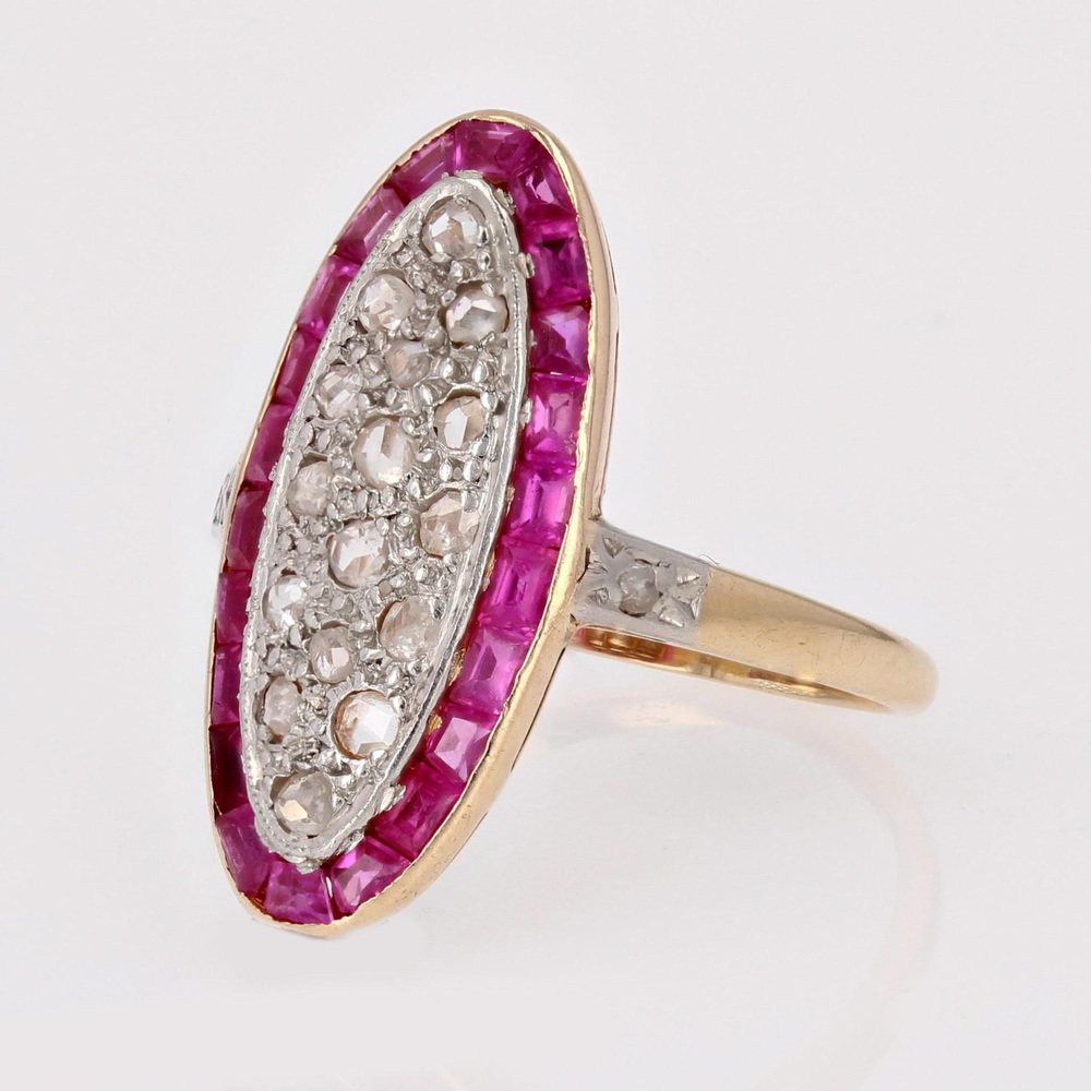 Ruby Diamonds 18 Karat Yellow Gold Platinum Shuttle Shape Ring, 1920s