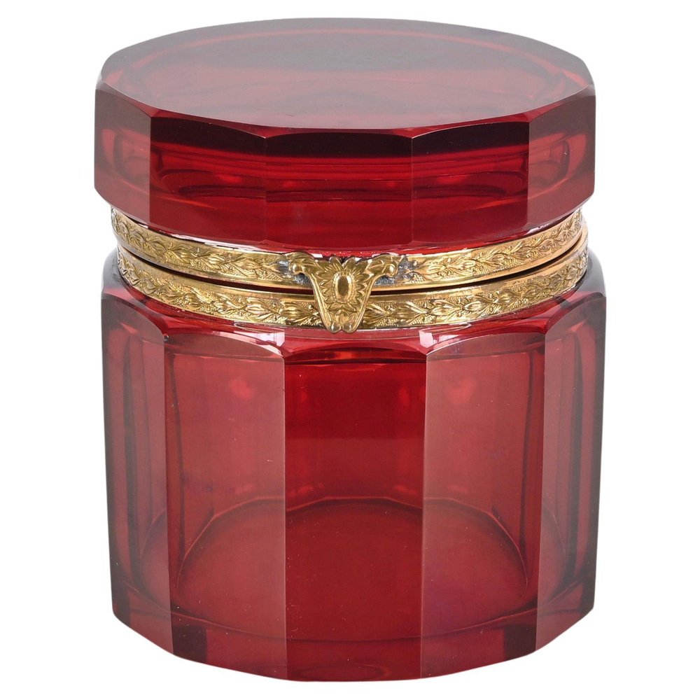 Ruby Red and Gilt Silver Faceted Murano Glass Jewelry Box, Italy, 1920s