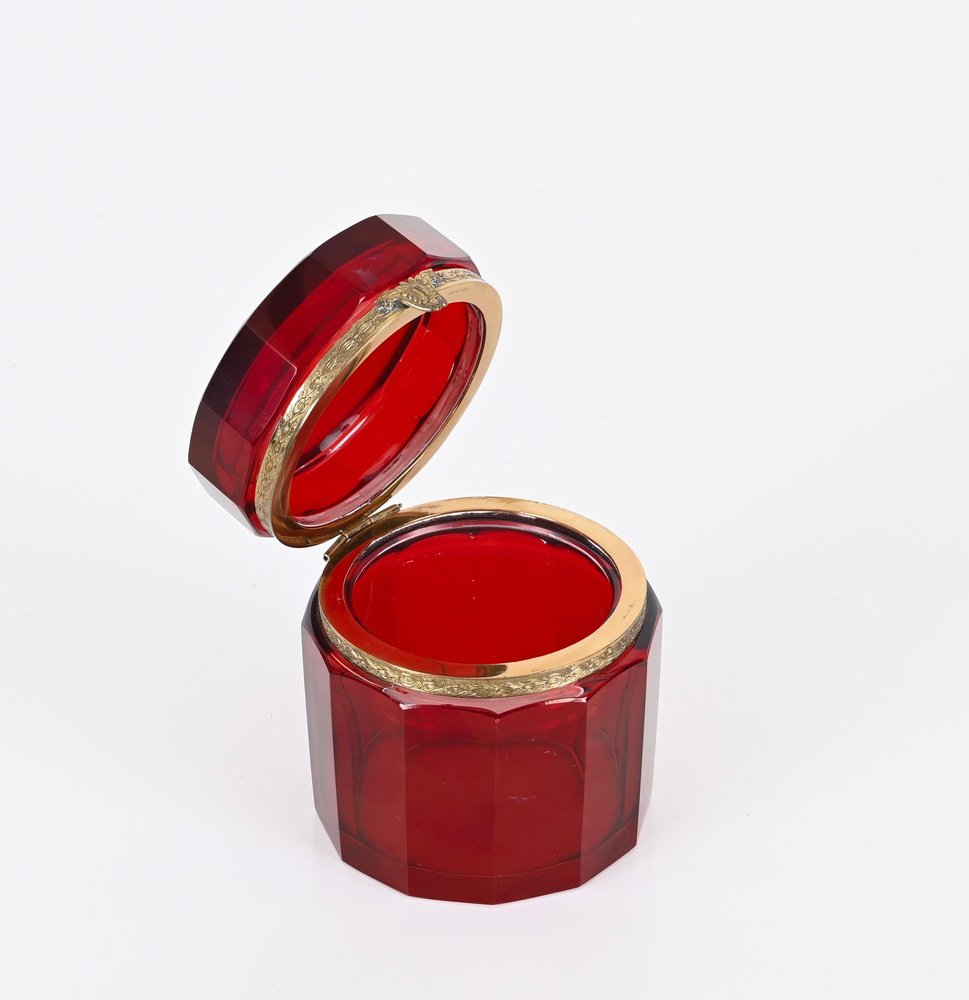 Ruby Red and Gilt Silver Faceted Murano Glass Jewelry Box, Italy, 1920s