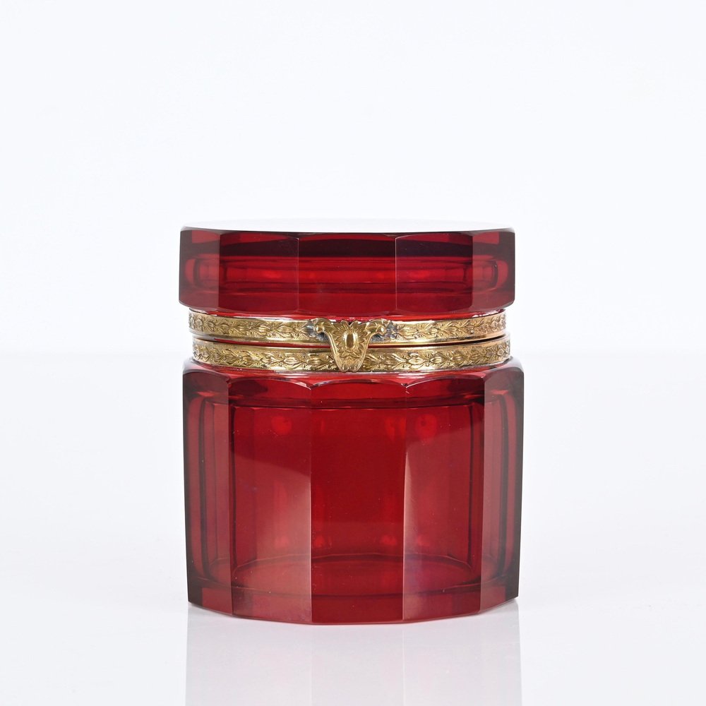 Ruby Red and Gilt Silver Faceted Murano Glass Jewelry Box, Italy, 1920s