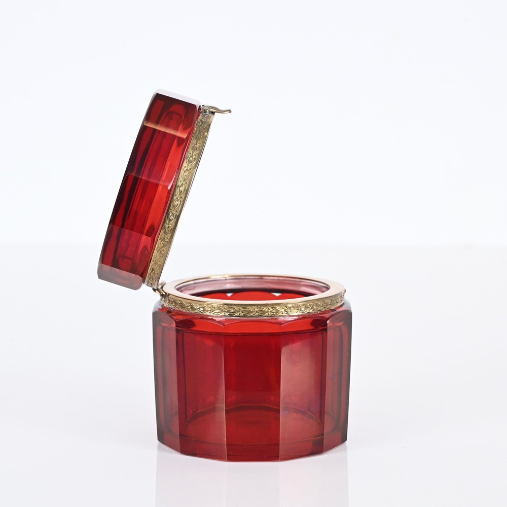 Ruby Red and Gilt Silver Faceted Murano Glass Jewelry Box, Italy, 1920s