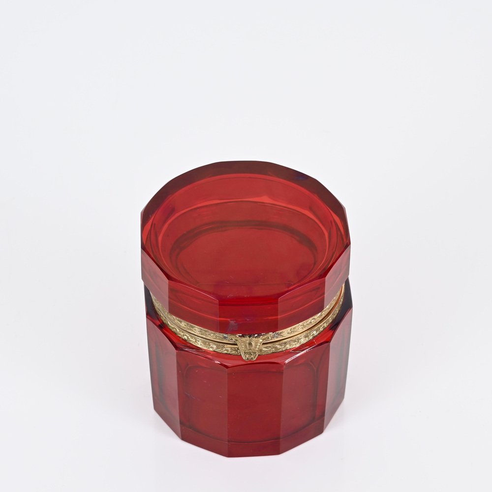 Ruby Red and Gilt Silver Faceted Murano Glass Jewelry Box, Italy, 1920s