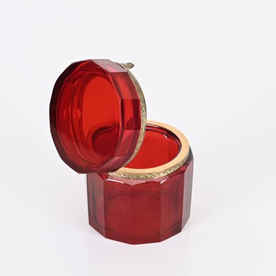 Ruby Red and Gilt Silver Faceted Murano Glass Jewelry Box, Italy, 1920s-JDR-1721370