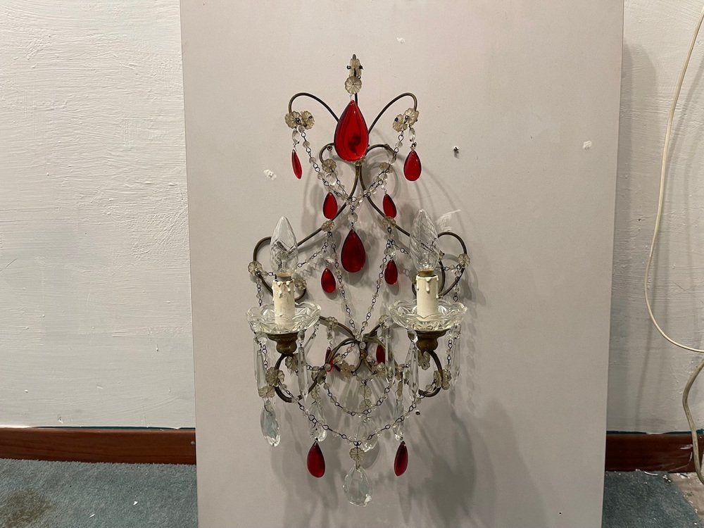 Ruby Red Crystal Beaded Sconces, 1940s, Set of 2