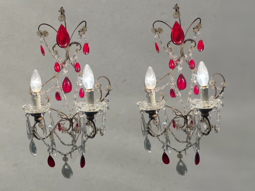 Ruby Red Crystal Beaded Sconces, 1940s, Set of 2