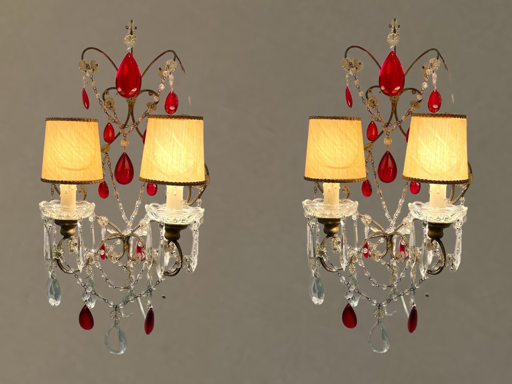 Ruby Red Crystal Beaded Sconces, 1940s, Set of 2