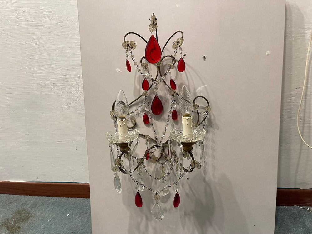 Ruby Red Crystal Beaded Sconces, 1940s, Set of 2