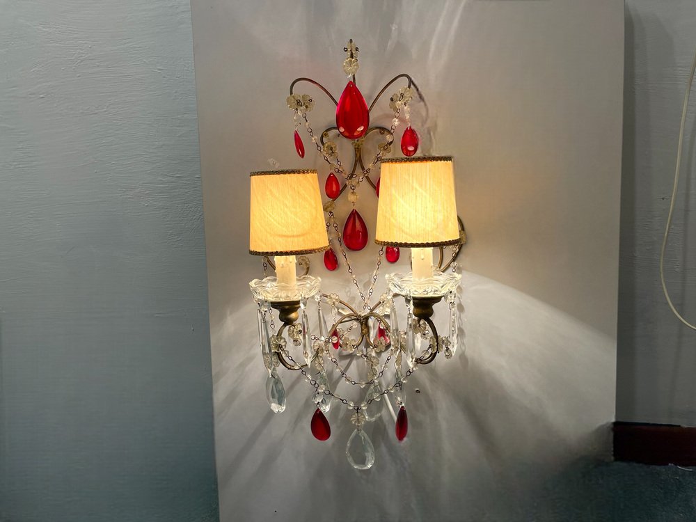 Ruby Red Crystal Beaded Sconces, 1940s, Set of 2