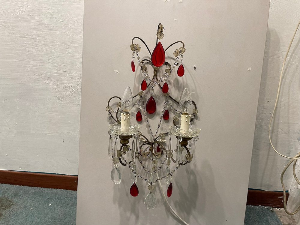 Ruby Red Crystal Beaded Sconces, 1940s, Set of 2