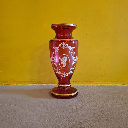 Ruby ​​Red Vase in the style of Mary Gregory, 1980s