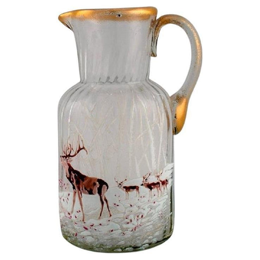 Russian Art Glass Beer Jug with Hand-Painted Deer from Legras Saint Denis