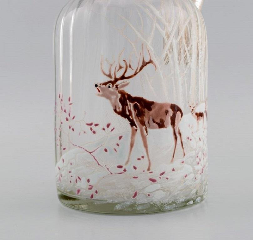 Russian Art Glass Beer Jug with Hand-Painted Deer from Legras Saint Denis