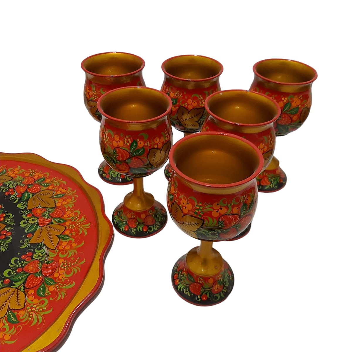 Russian Folk Art Hand-Decorated and Hand-Painted Wine Set, 1980s, Set of 10