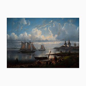 Russian School Artist, Sunrise Landscape with Boats, Original Oil Painting, 1861, Framed-ZCI-1379356