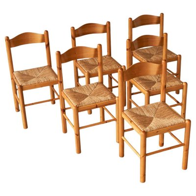 Rustic Chalet Chic Chairs in Pine and Rush by Vico Magistretti, 1970s, Set of 6-FEW-2028647