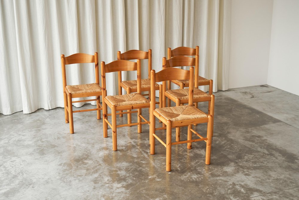 Rustic Chalet Style Chairs in Pine and Rush, 1960s, Set of 6