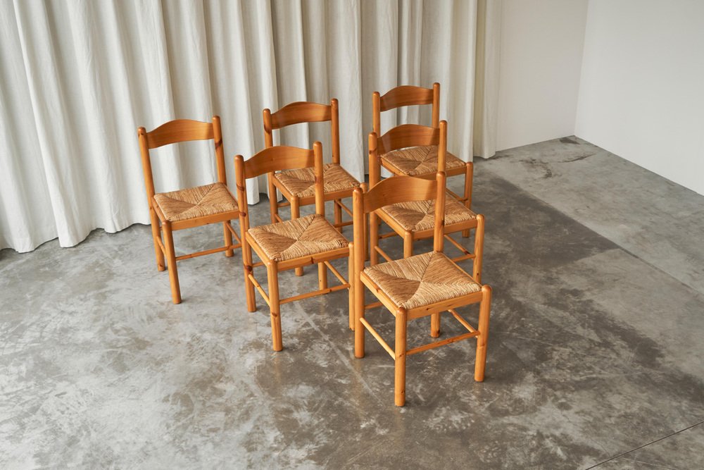 Rustic Chalet Style Chairs in Pine and Rush, 1960s, Set of 6