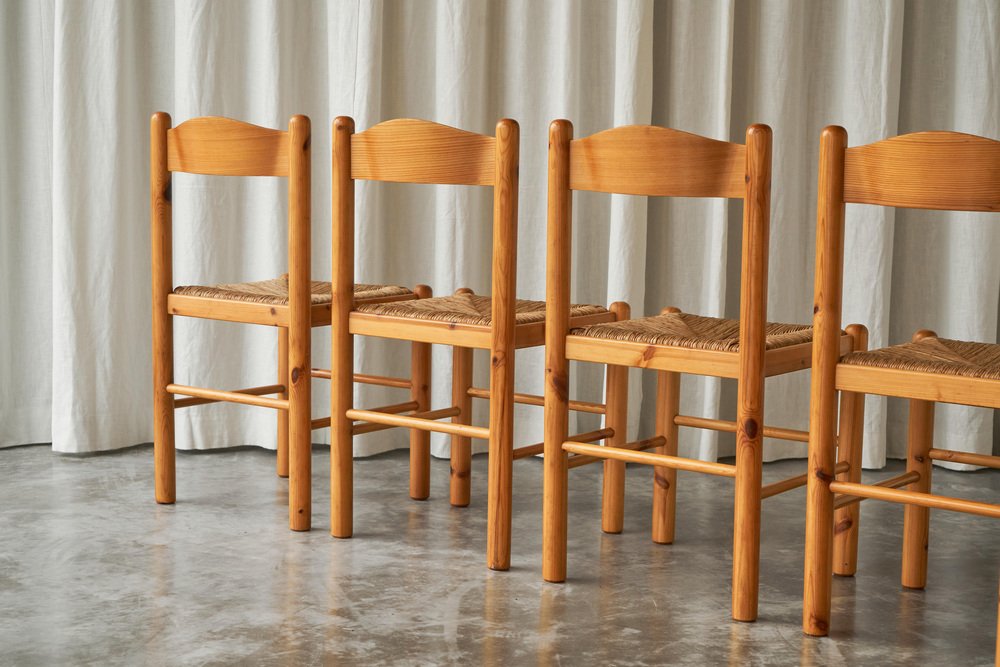 Rustic Chalet Style Chairs in Pine and Rush, 1960s, Set of 6