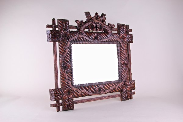 Rustic German Hand Carved Black Forest Wall Mirror, 1880s-TQA-1322198