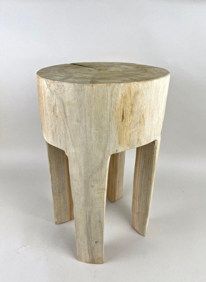 Rustic Handcarved Teak Wood Side Table in Bleached