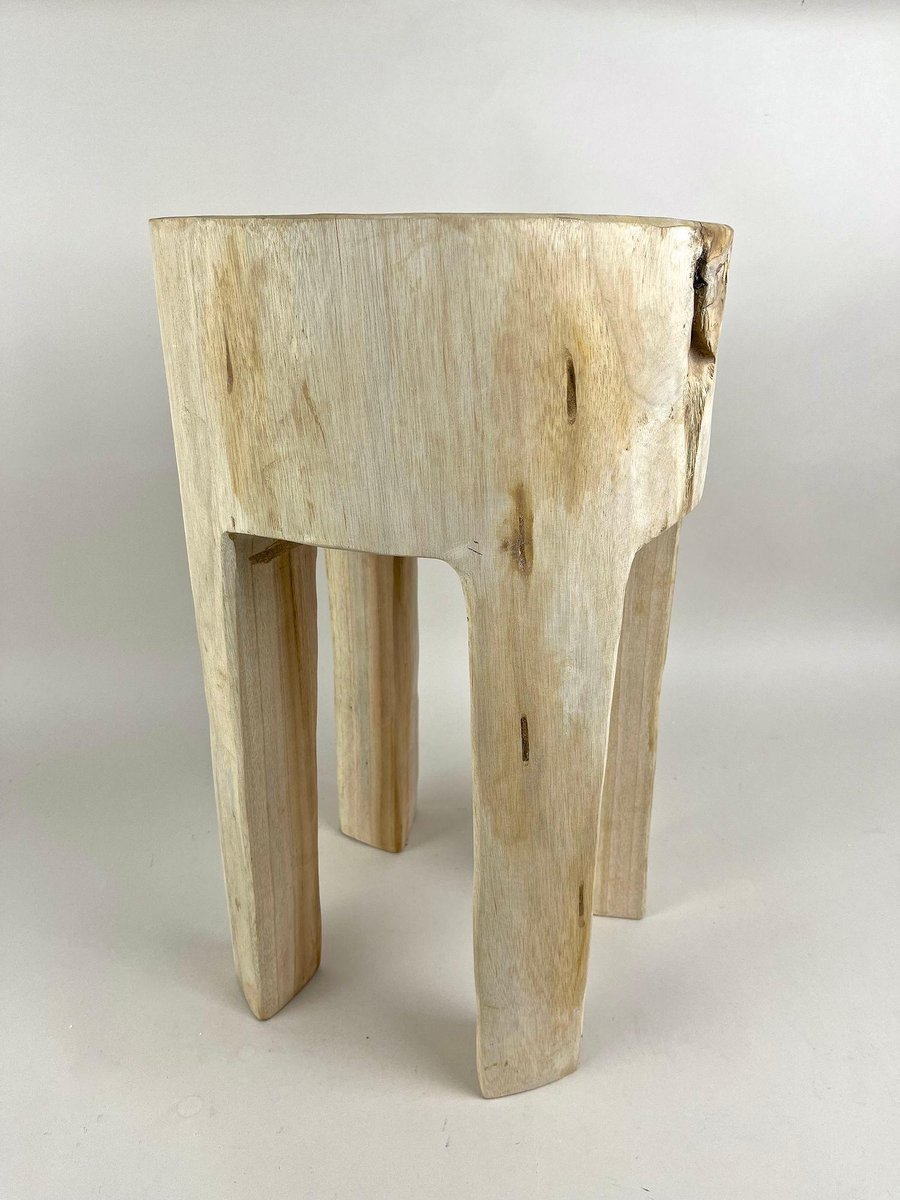 Rustic Handcarved Teak Wood Side Table in Bleached