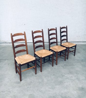 Rustic Ladder Back Oak and Rush Dining Chairs, 1960s, Set of 4-RQV-2033220