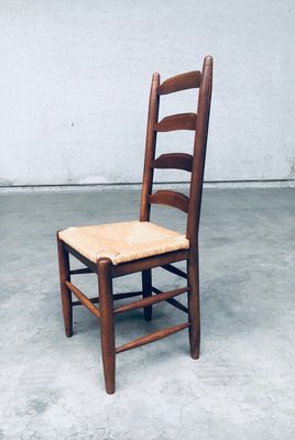 Rustic Ladder Back Oak and Rush Dining Chairs, 1960s, Set of 4-RQV-2033220