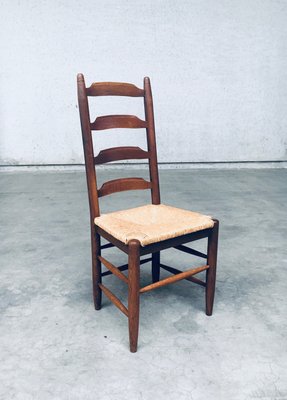 Rustic Ladder Back Oak and Rush Dining Chairs, 1960s, Set of 4-RQV-2033220