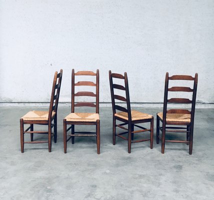 Rustic Ladder Back Oak and Rush Dining Chairs, 1960s, Set of 4-RQV-2033220