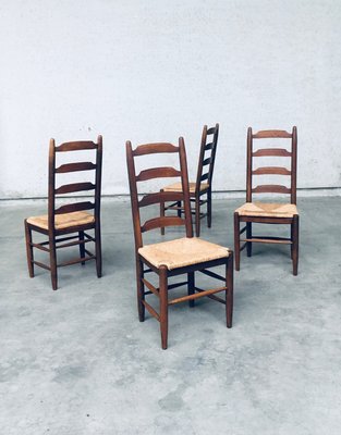 Rustic Ladder Back Oak and Rush Dining Chairs, 1960s, Set of 4-RQV-2033220