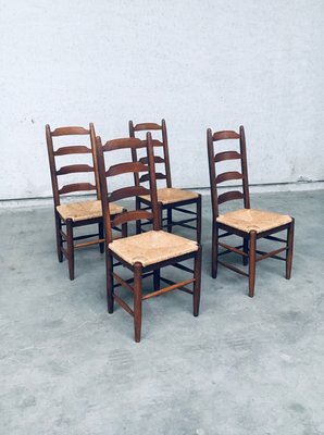 Rustic Ladder Back Oak and Rush Dining Chairs, 1960s, Set of 4-RQV-2033220