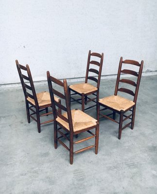 Rustic Ladder Back Oak and Rush Dining Chairs, 1960s, Set of 4-RQV-2033220