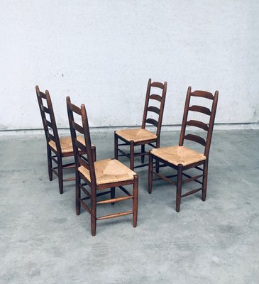 Rustic Ladder Back Oak and Rush Dining Chairs, 1960s, Set of 4-RQV-2033220