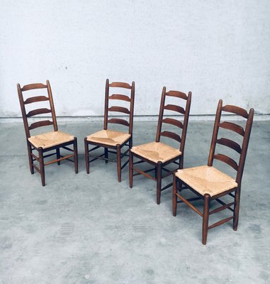 Rustic Ladder Back Oak and Rush Dining Chairs, 1960s, Set of 4-RQV-2033220