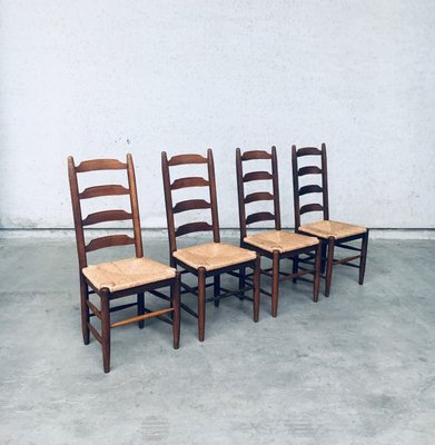 Rustic Ladder Back Oak and Rush Dining Chairs, 1960s, Set of 4-RQV-2033220