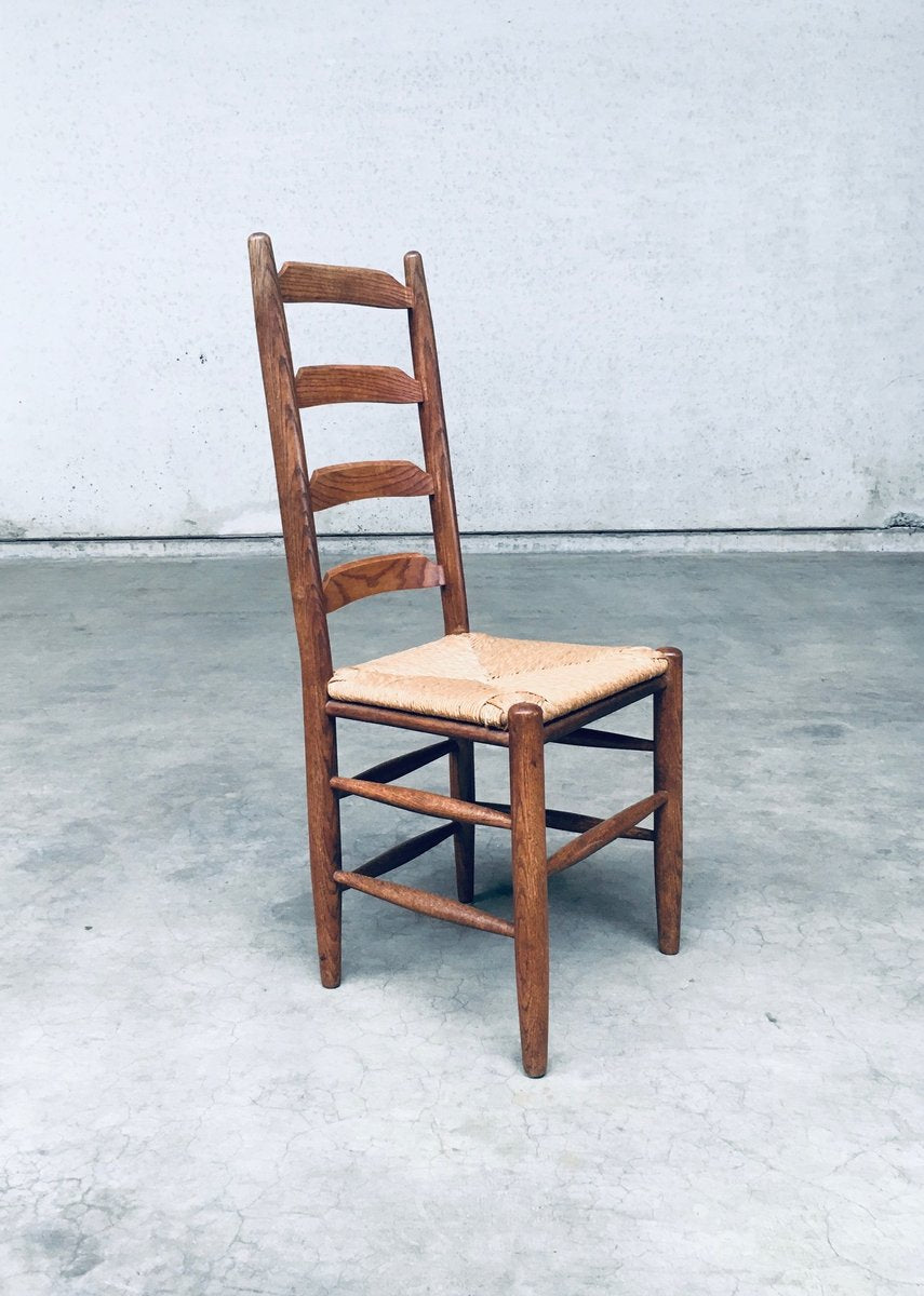 Rustic Ladder Back Oak & Rush Dining Chairs, Belgium, 1960s, Set of 6