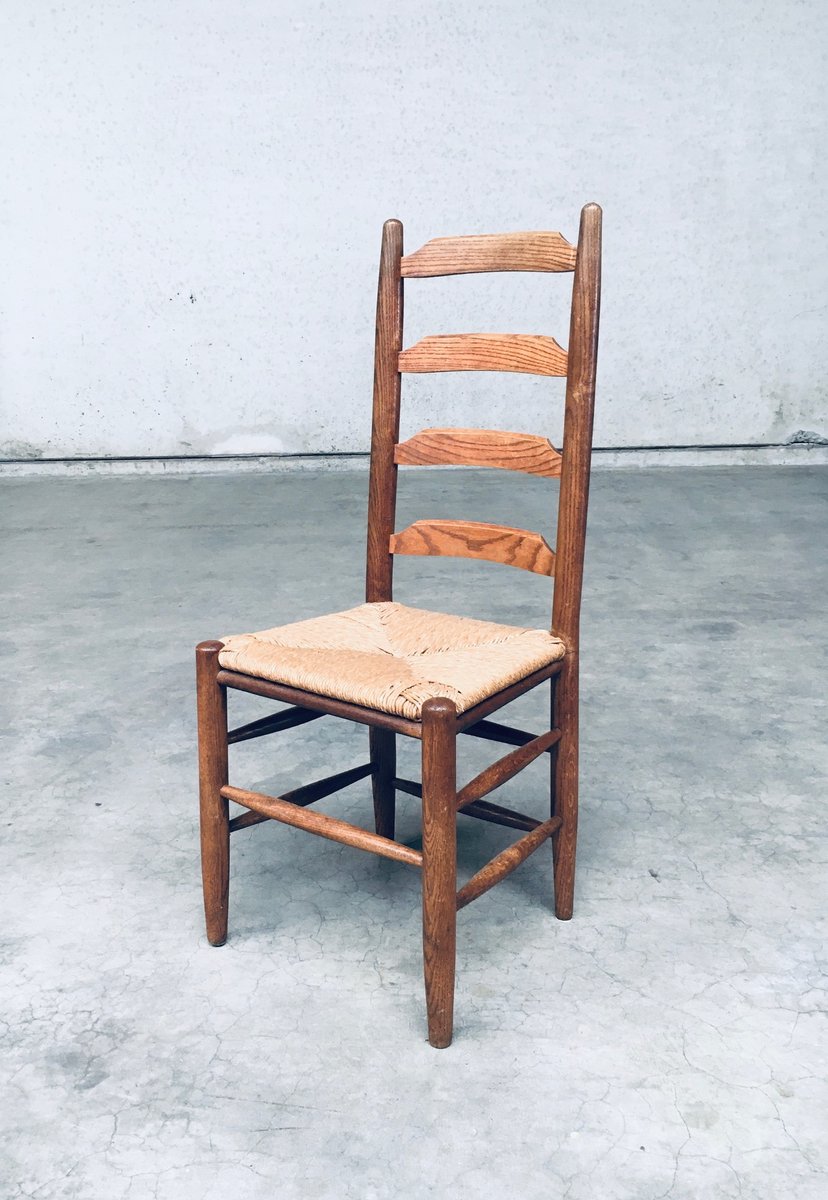 Rustic Ladder Back Oak & Rush Dining Chairs, Belgium, 1960s, Set of 6