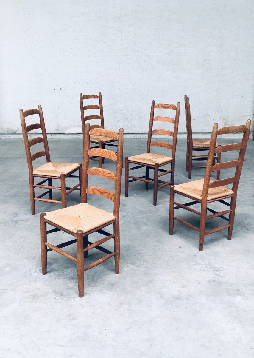 Rustic Ladder Back Oak & Rush Dining Chairs, Belgium, 1960s, Set of 6