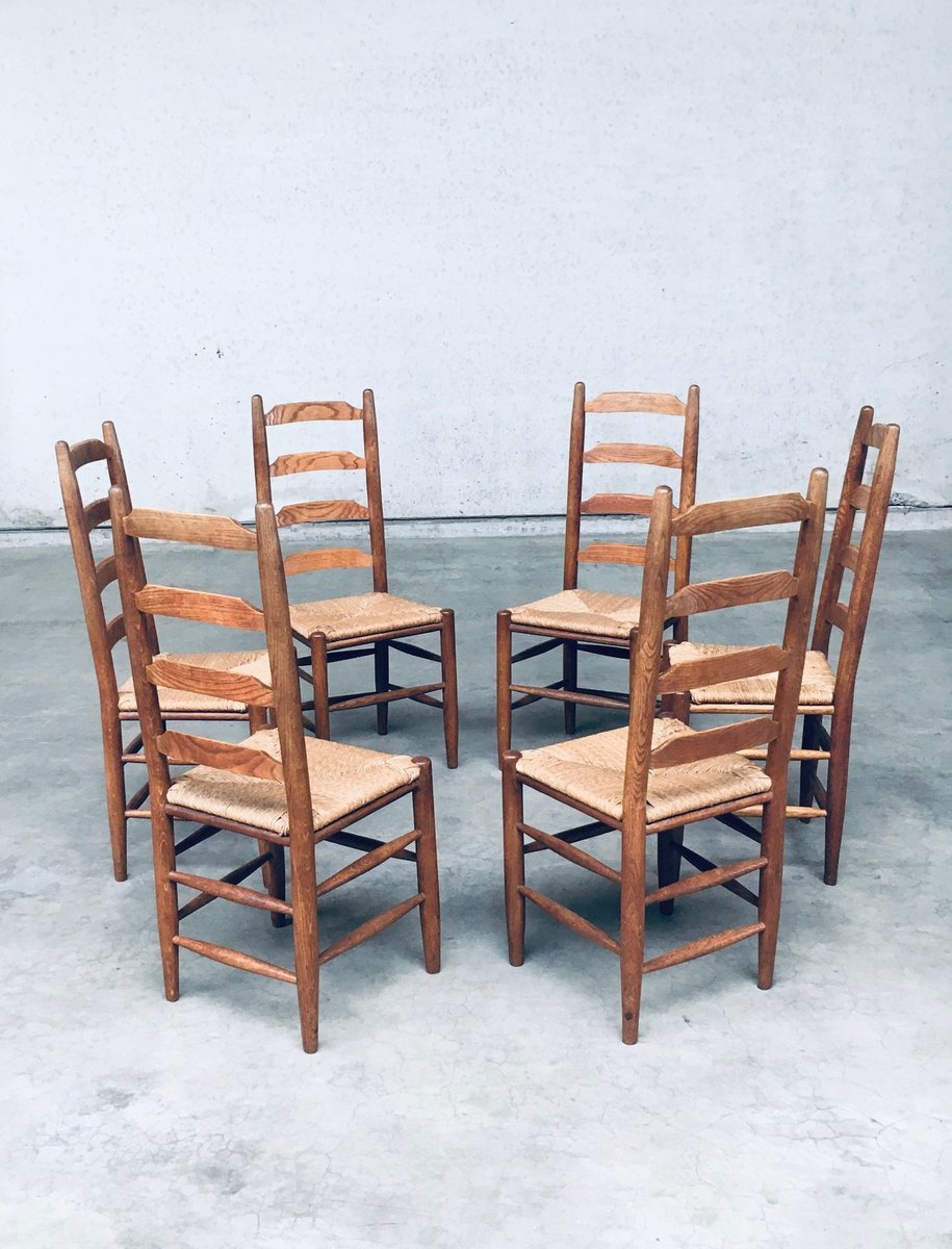 Rustic Ladder Back Oak & Rush Dining Chairs, Belgium, 1960s, Set of 6