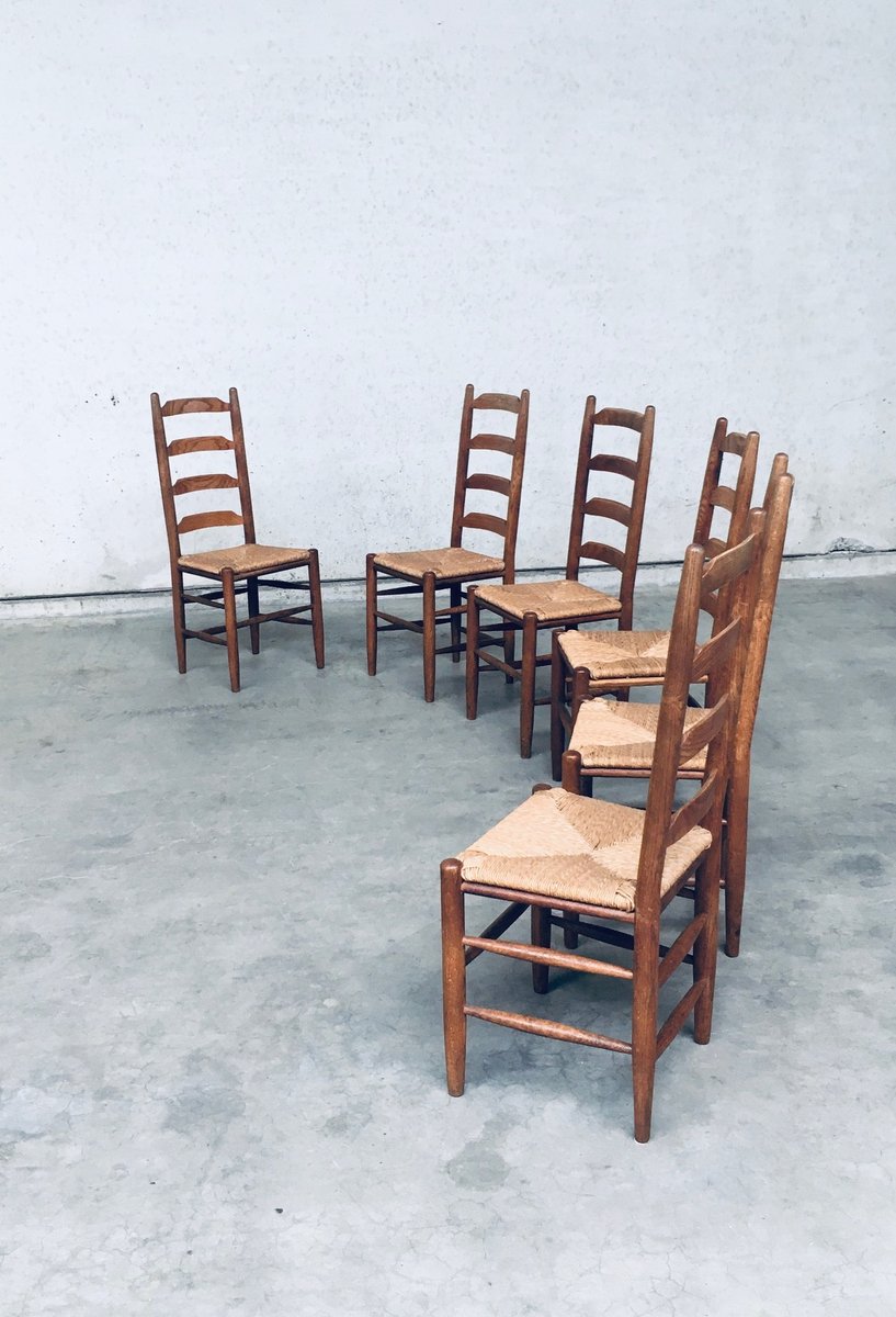 Rustic Ladder Back Oak & Rush Dining Chairs, Belgium, 1960s, Set of 6