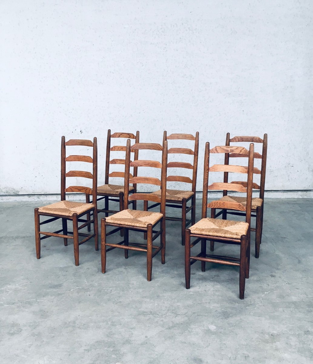 Rustic Ladder Back Oak & Rush Dining Chairs, Belgium, 1960s, Set of 6