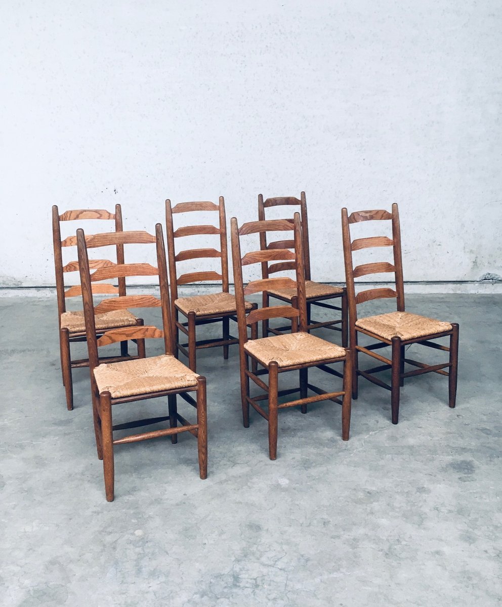 Rustic Ladder Back Oak & Rush Dining Chairs, Belgium, 1960s, Set of 6