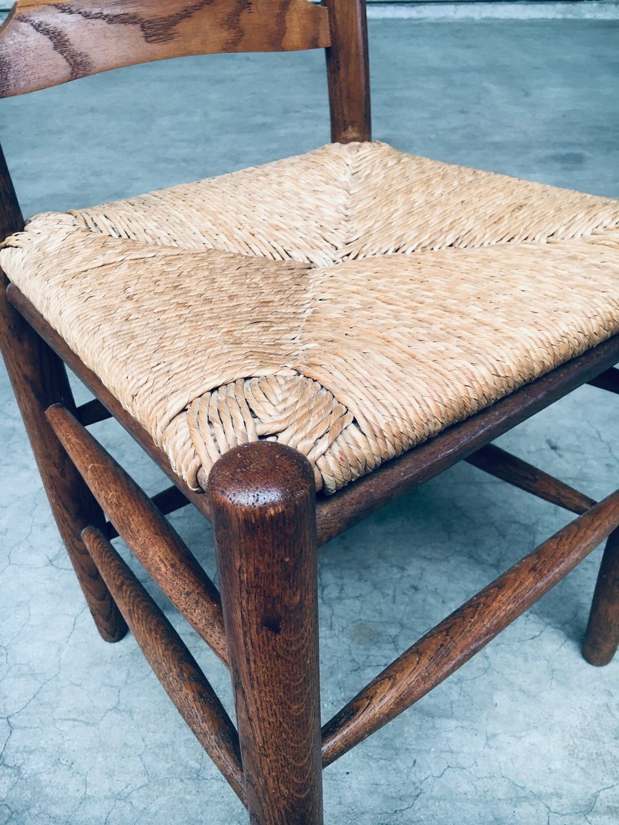 Rustic Ladder Back Oak & Rush Dining Chairs, Belgium, 1960s, Set of 6